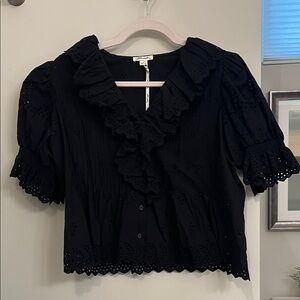 Ultra Pink Black Eyelet Ruffle V-Neck Blouse